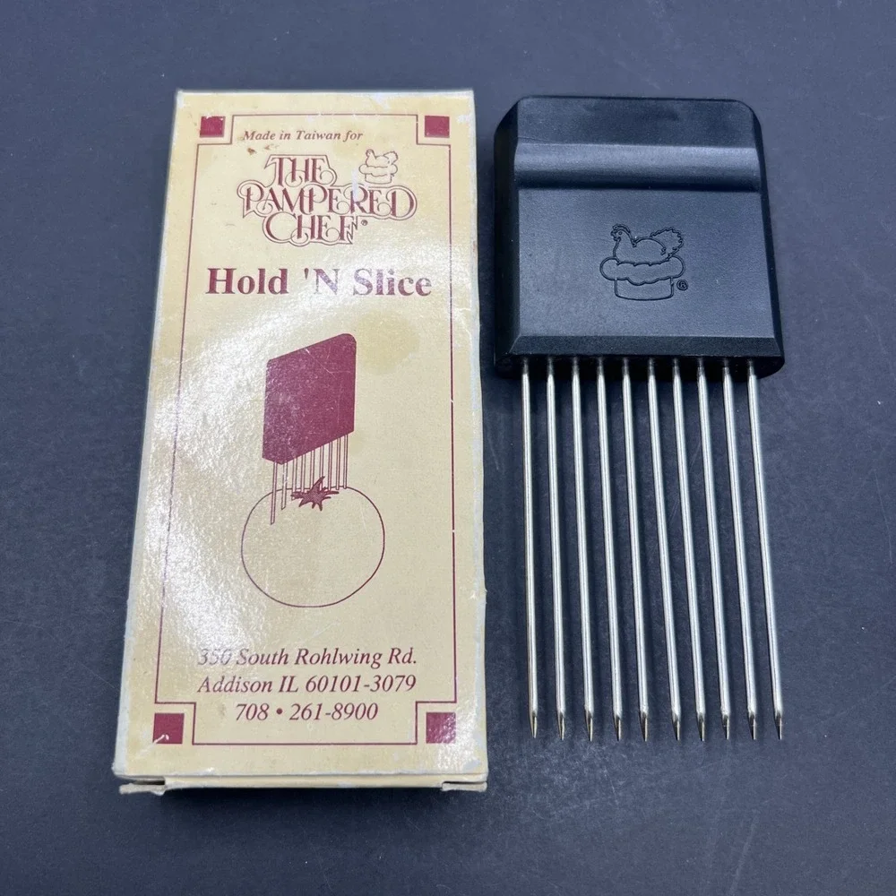 PAMPERED CHEF Hold 'N Slice Stainless Holder for Cutting Onions Potatoes Tomato